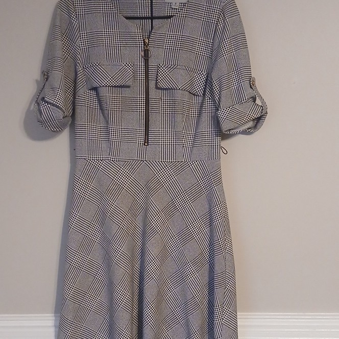 Shelby & Palmer Plaid A-Line Belted Zip Front Dress 3/4 Sleeve Sz 6