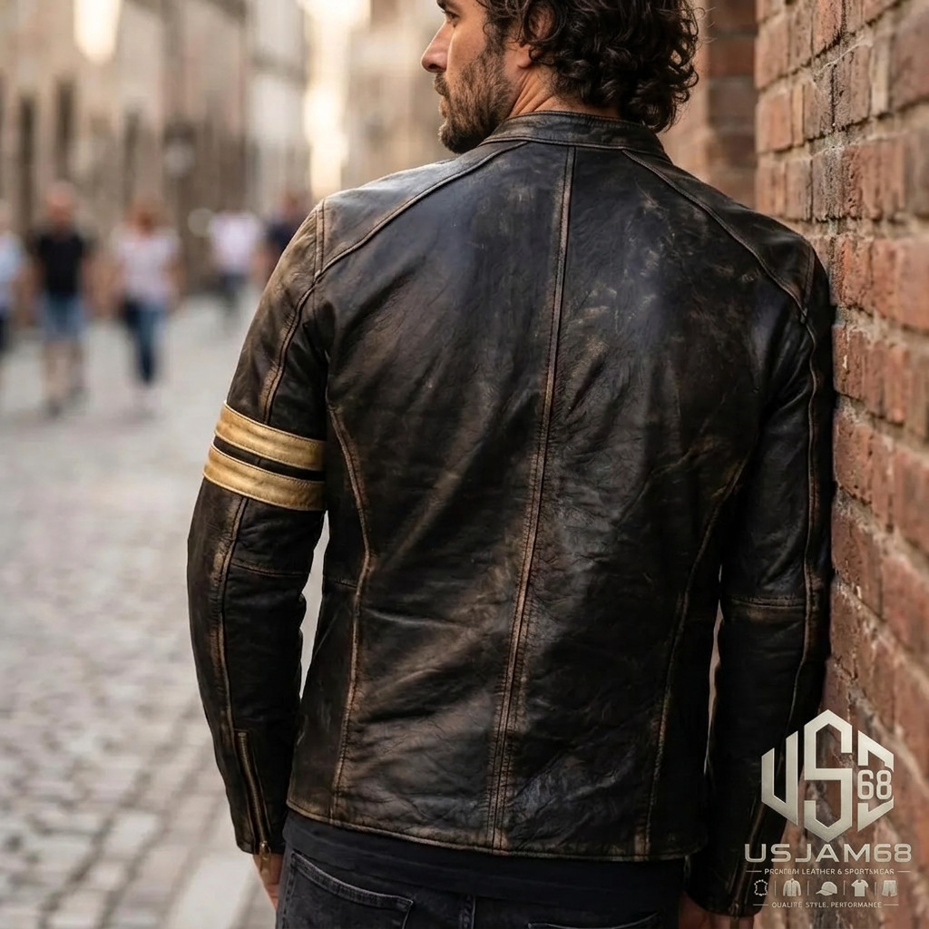 Men’s Motorcycle Biker Vintage Cafe Racer Distressed Black Real Leather Jacket