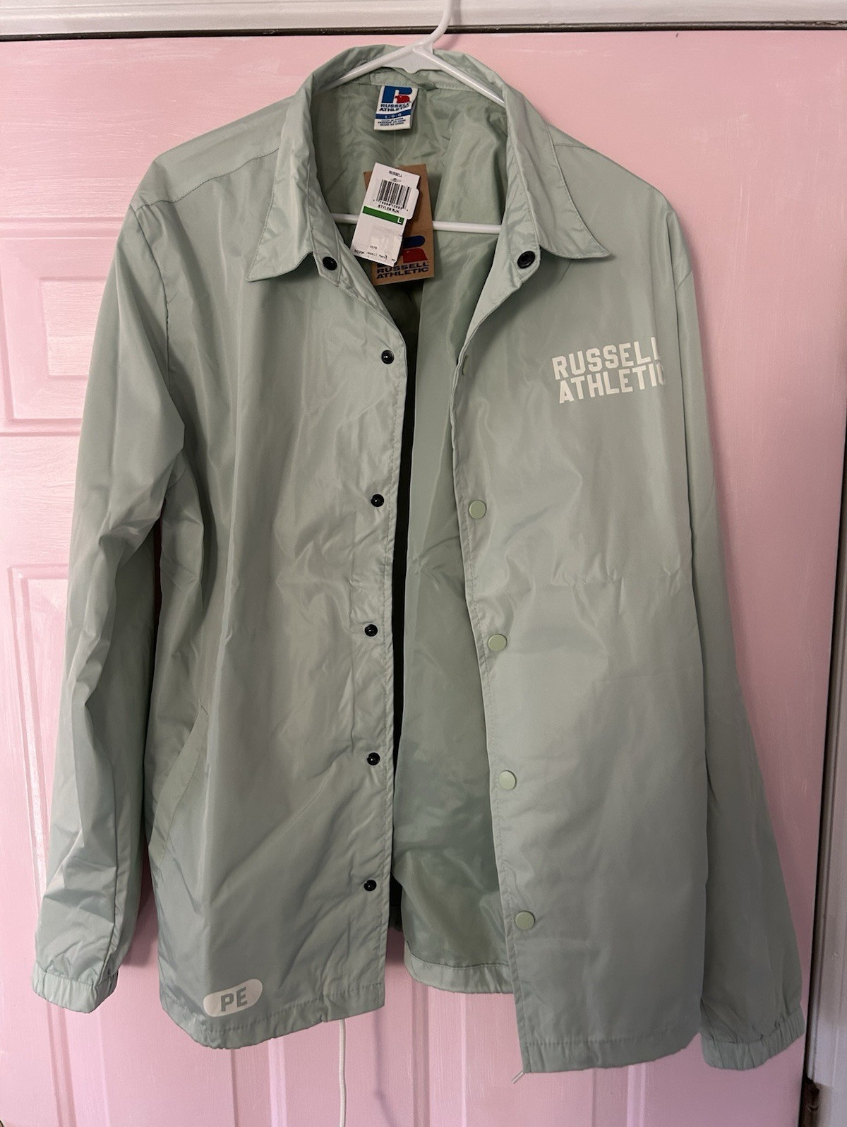 Russell Athletic Men’s Green Snap-Front Windbreaker Jacket L Pockets Logo