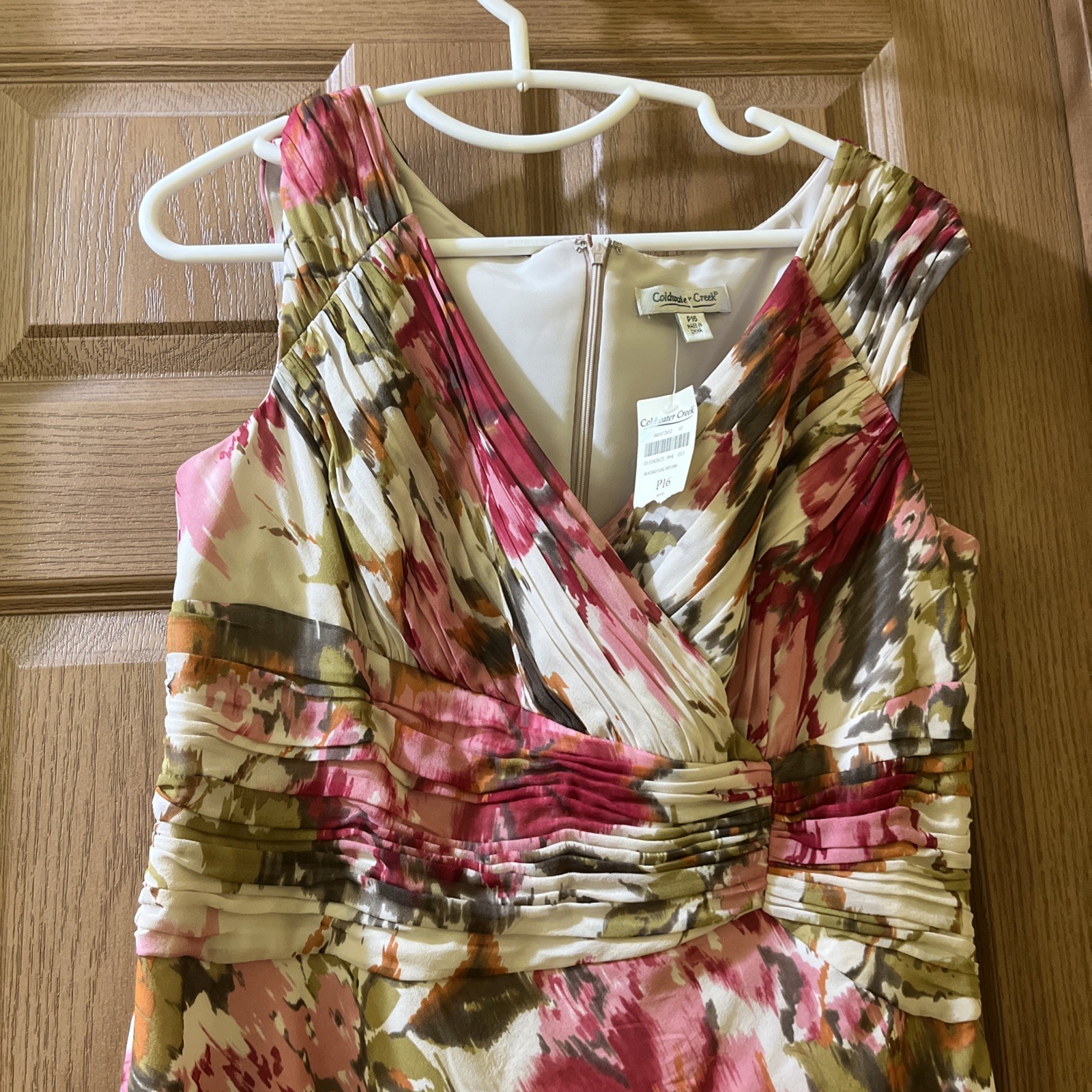 Coldwater Creek Sz P16 Ruched Floral Lined V Neck Dress NWT