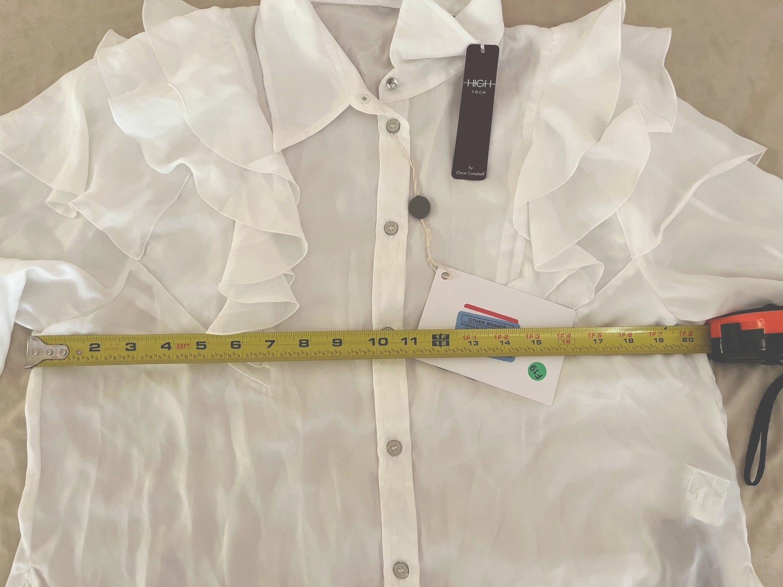 NWT Italy HIGH Tech/Use by Claire Campbell Ruffle Blouse Top White Sheer US 12