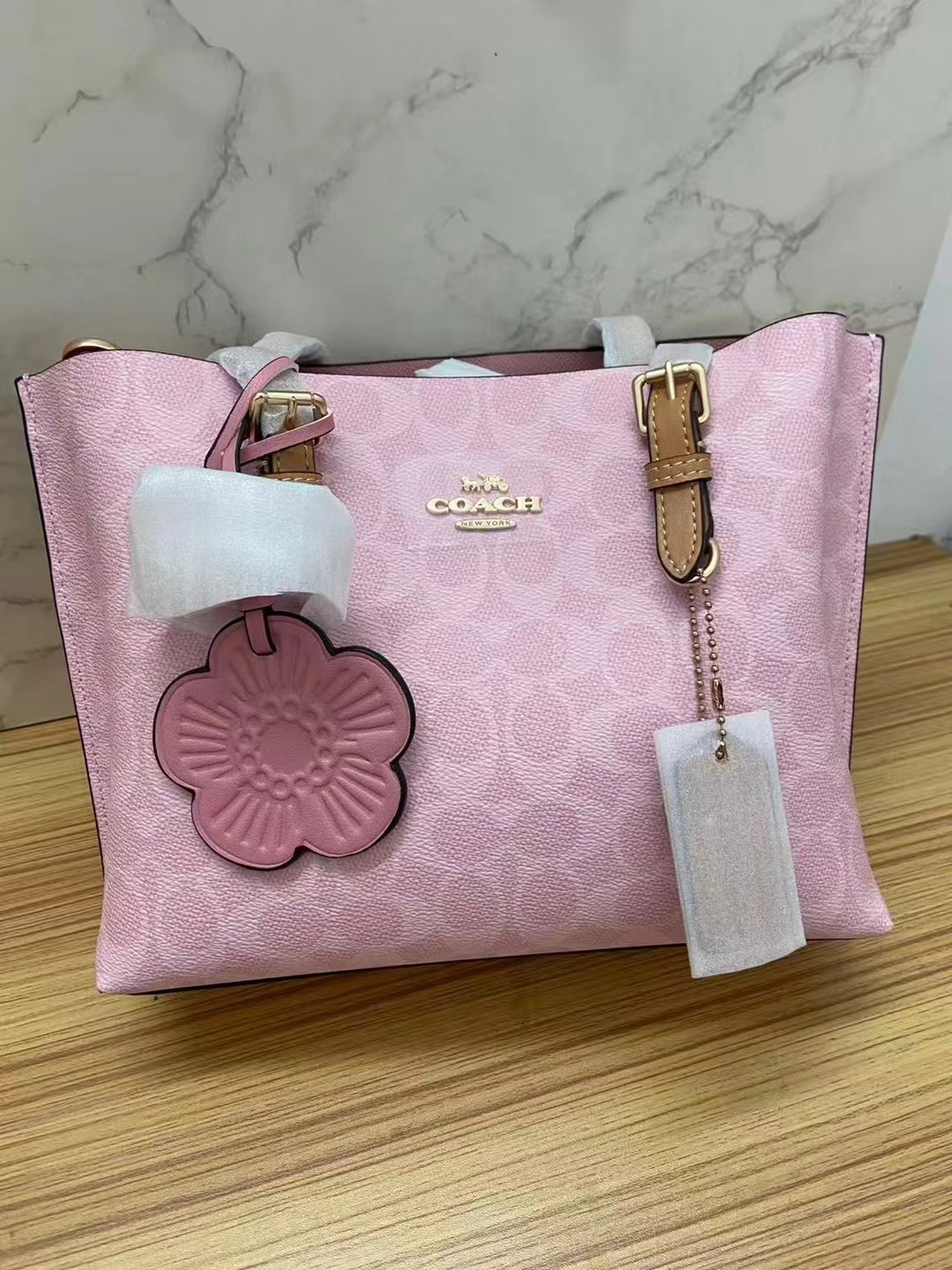 Mollie Tote Bag 25 In Signature Canvas With Charms Gold/Powder Pink CER24