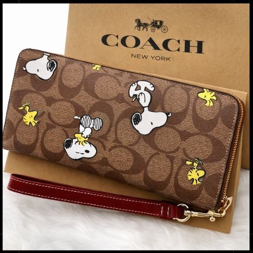 COACH x PEANUTS Long Zip around Wallet Snoopy Woodstock Khaki Signature F/S