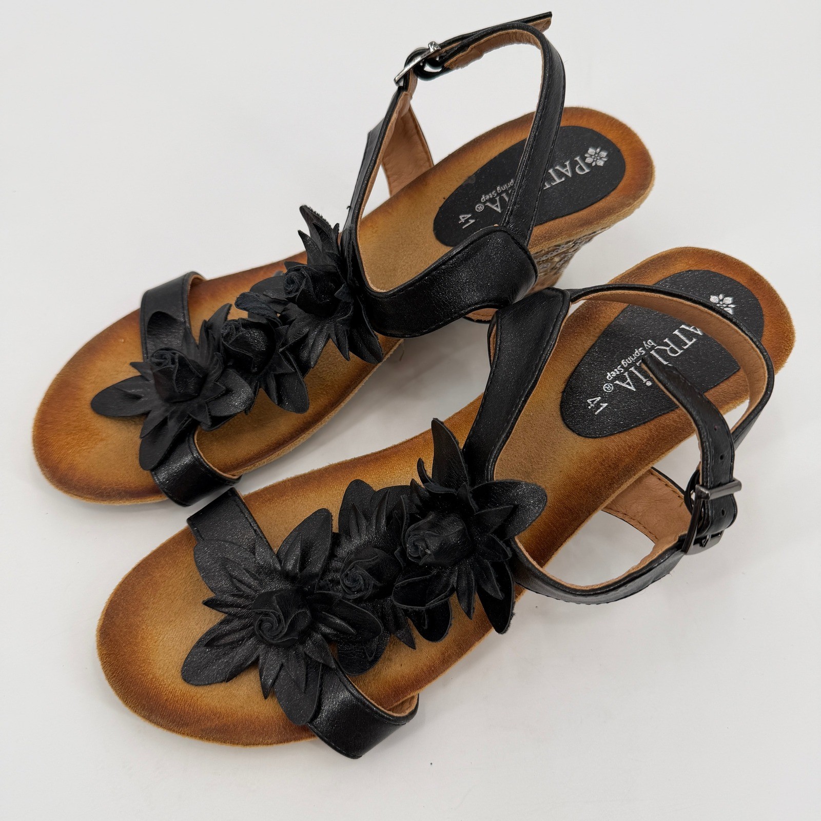 Patrizia by Spring Step Black Floral Wedge Sandals Embroidered Cork Heel 41 Boho