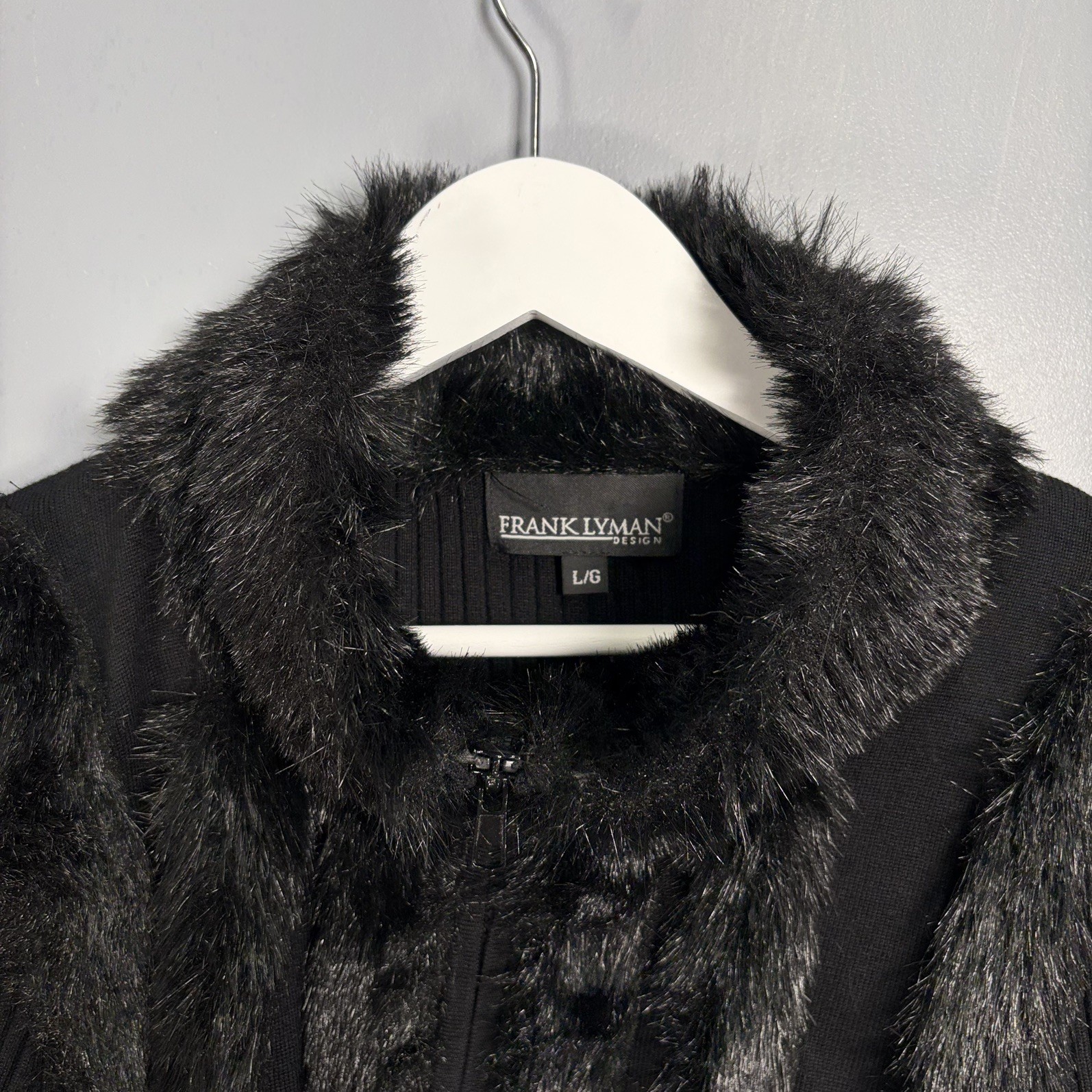 Frank Lyman Faux Fur Trim Cardigan Jacket Size Large Black Zip Knit Sweater