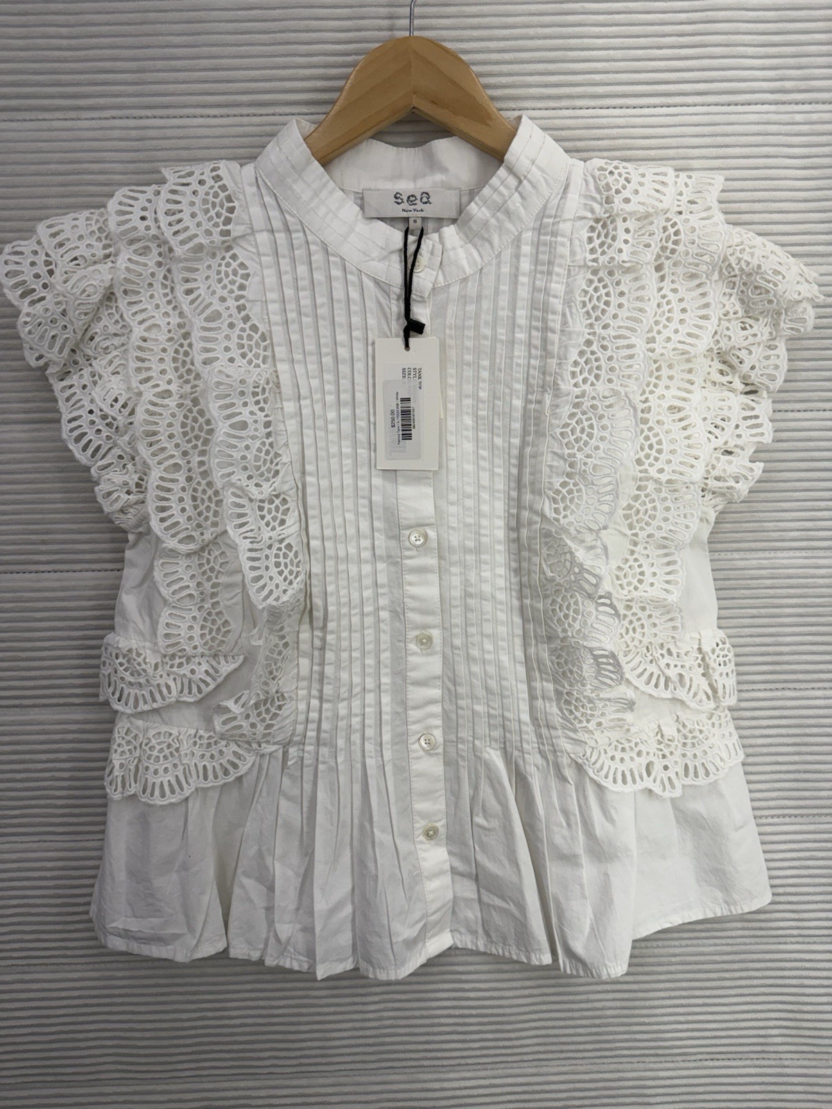 Sea New York Patrizia Tank White Pintucked Pleated Lace Sleeveless Cotton Size S