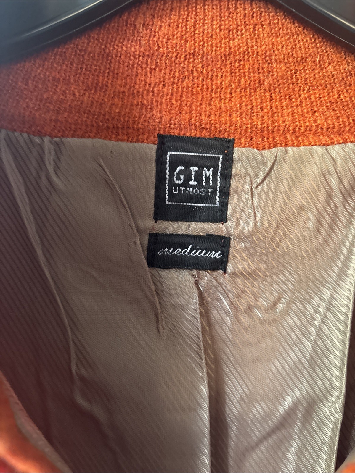 VINTAGE GIM UTMOST 100% Wool Burnt Orange Knit Cardigan Sweater Lining Size M