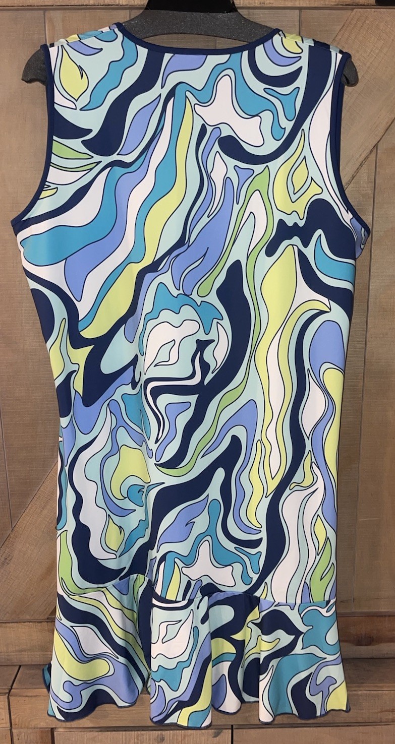 Ana Clare Active Sleeveless Flounce Dress Blue Green Yellow SPF 50 Size XL NWOT