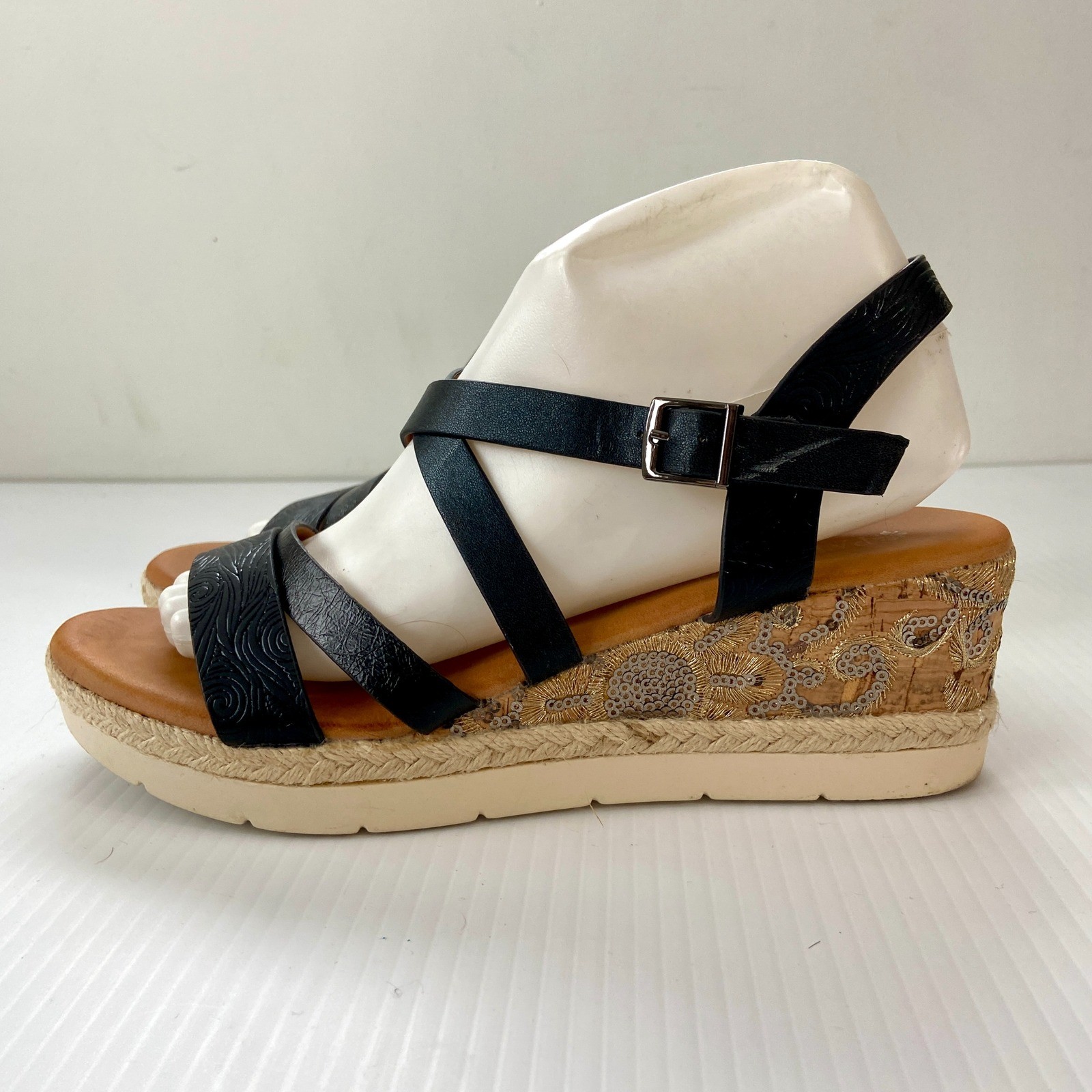 Patrizia Black Leather Cork Wedge Heel Strappy Sandals Womens EU 40 US 9