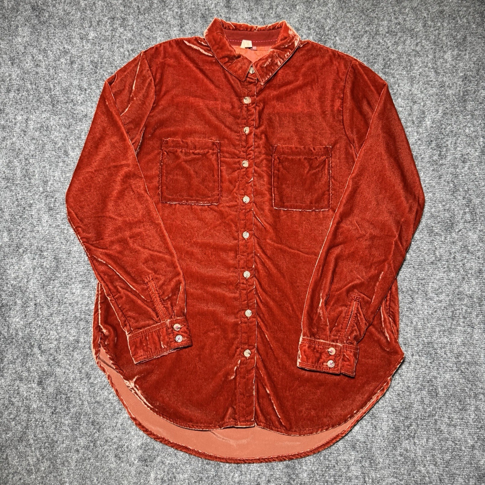 Pilcro Anthropologie Hadley Relaxed Velvet Button Up Burnt Orange Women Sz XS
