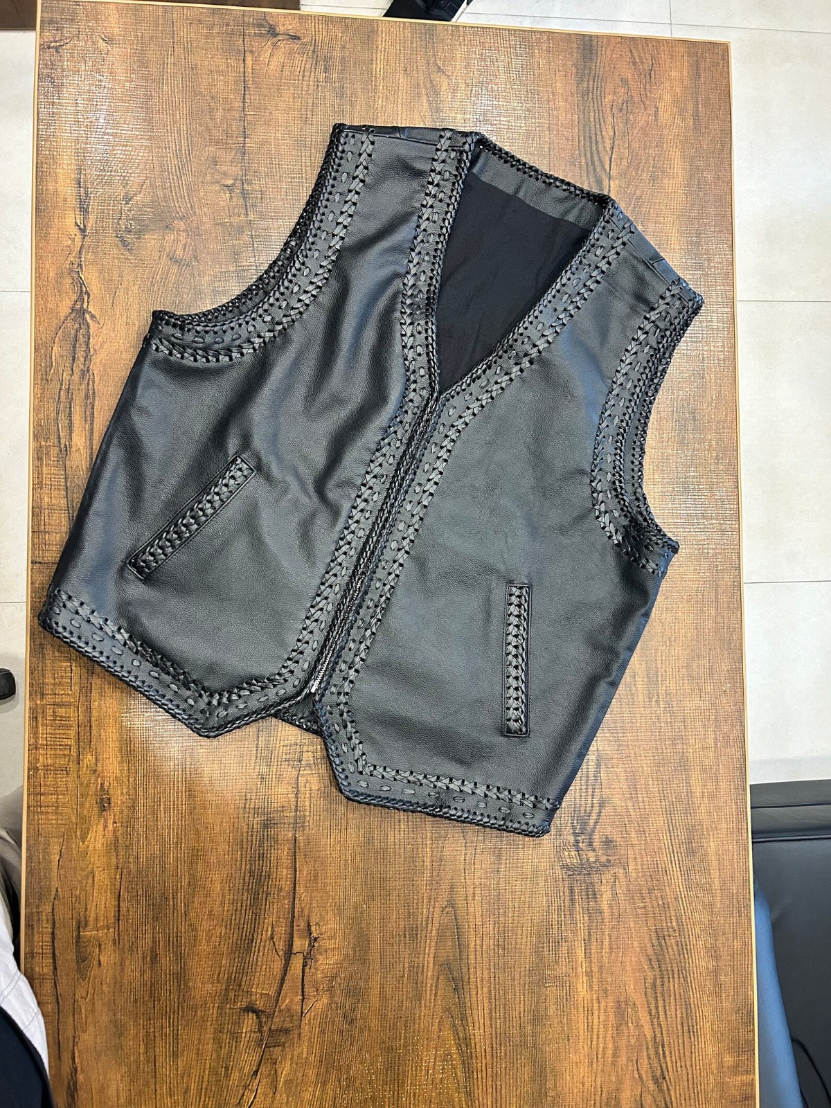 Men Black Genuine Leather Biker Vest Braided Trim Zipper Motorcycle Riding Club