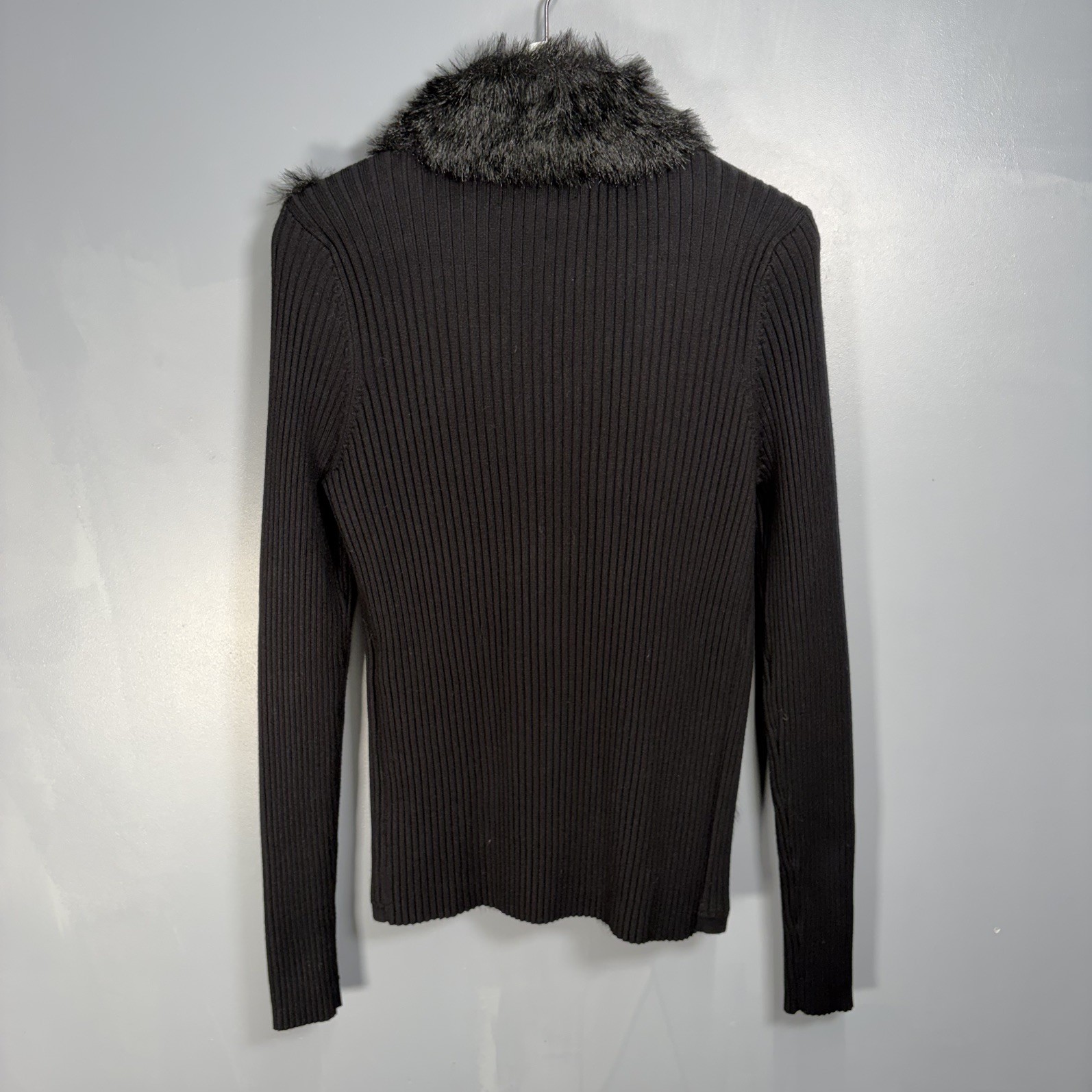 Frank Lyman Faux Fur Trim Cardigan Jacket Size Large Black Zip Knit Sweater