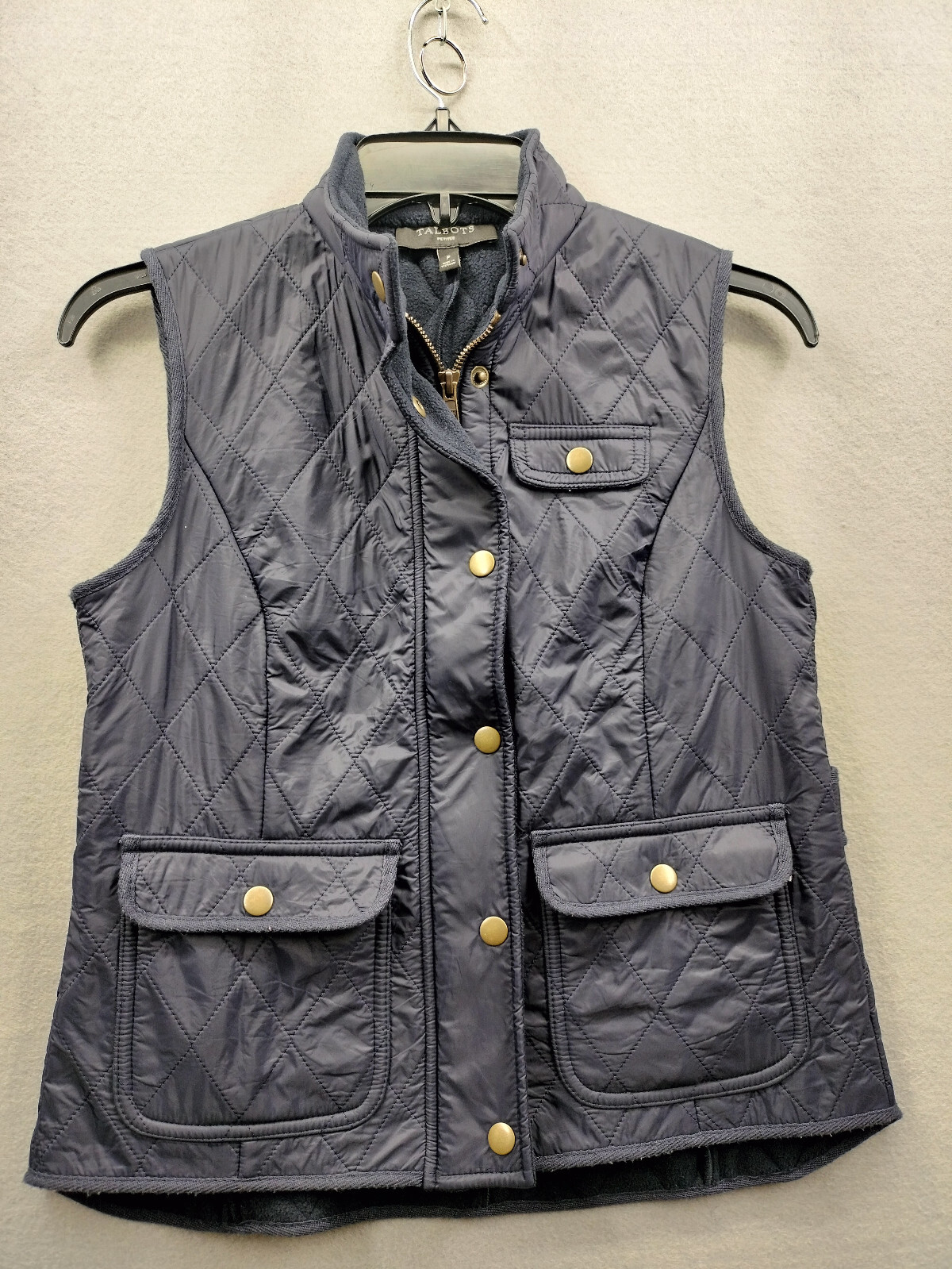 Talbots Vest Petite Diamond Quilted Navy Blue Fleece Lined Snap Button Gilet EUC