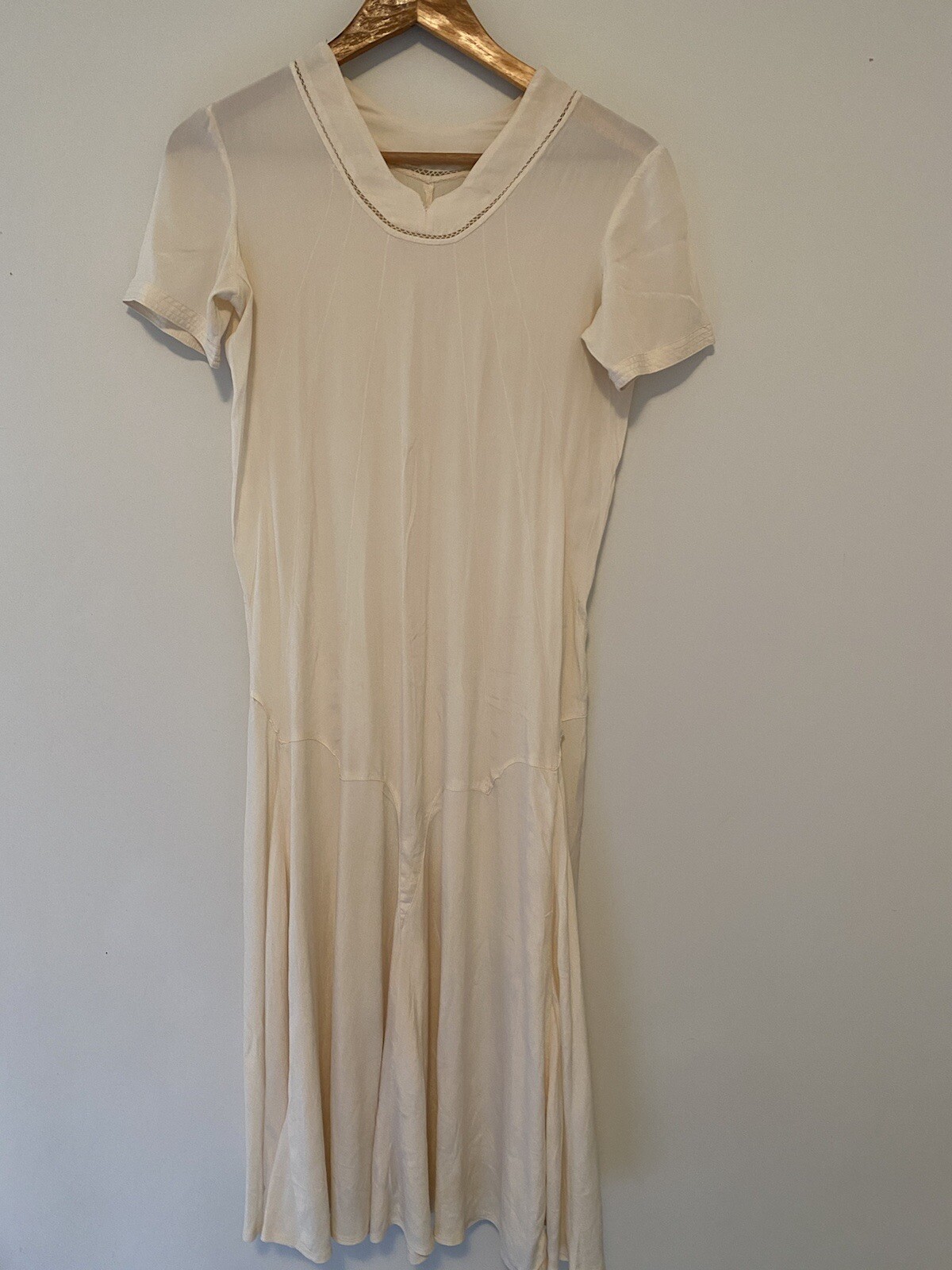 Original Vintage 20s 30s Sz S FRENCH SILK Dress Ivory Cowl Neck Sleeve Bias Cut