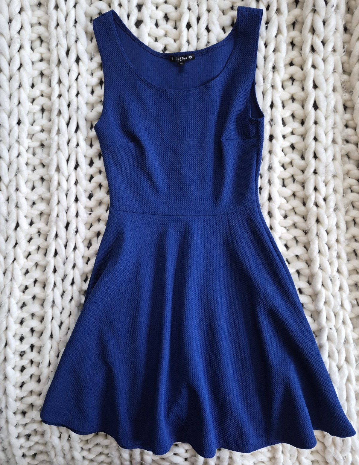 Try This Blue Solid Knit Scoop Neck Sleeveless Fit & Flare Short Dress S