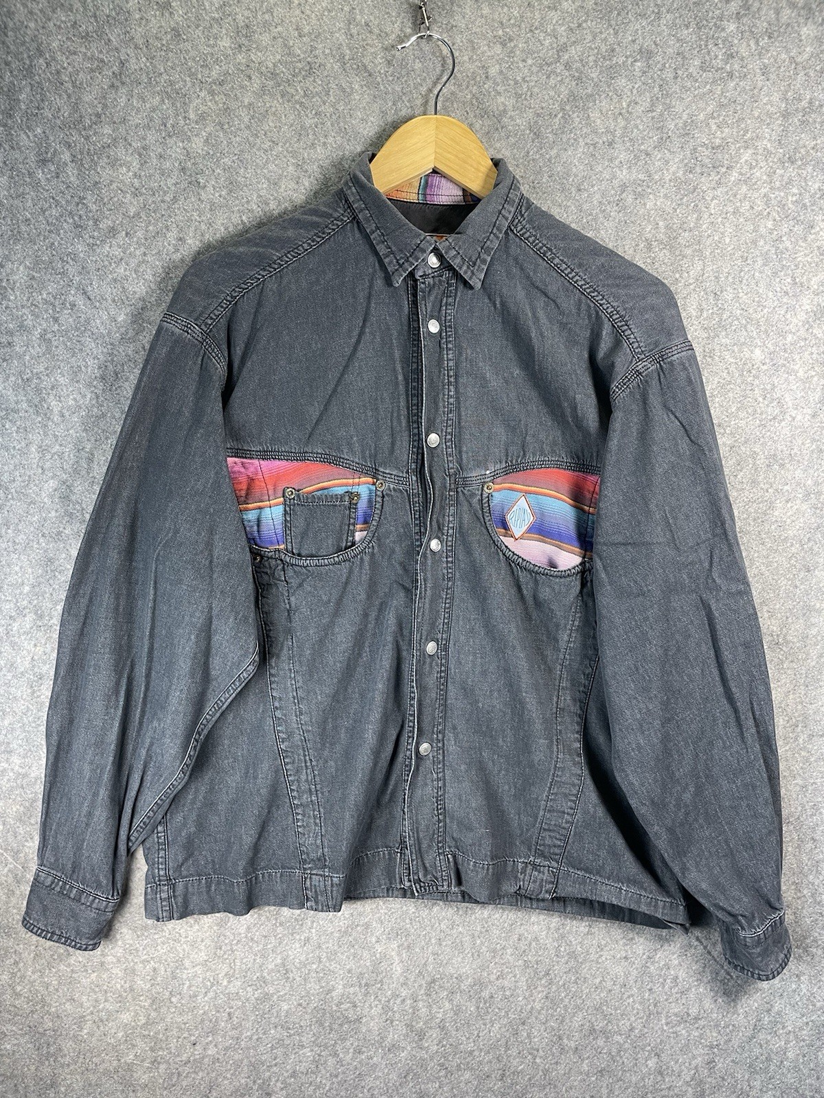 Replay Denim Chore Jacket Mens Large Grey Multicolour Aztec Panel Button Up