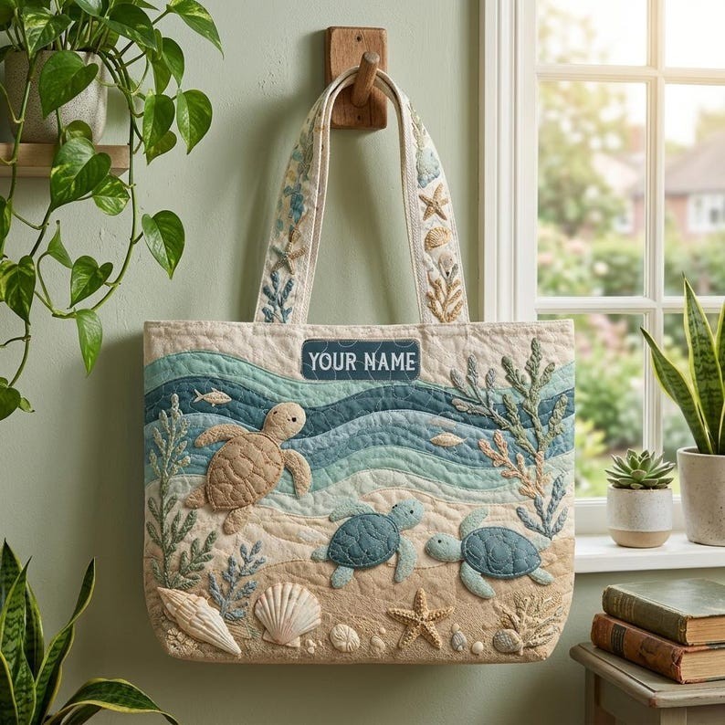 Custom Name Quilted Sea Turtle Tote Bag, Personalized Turtle Beach Handbag, Turt