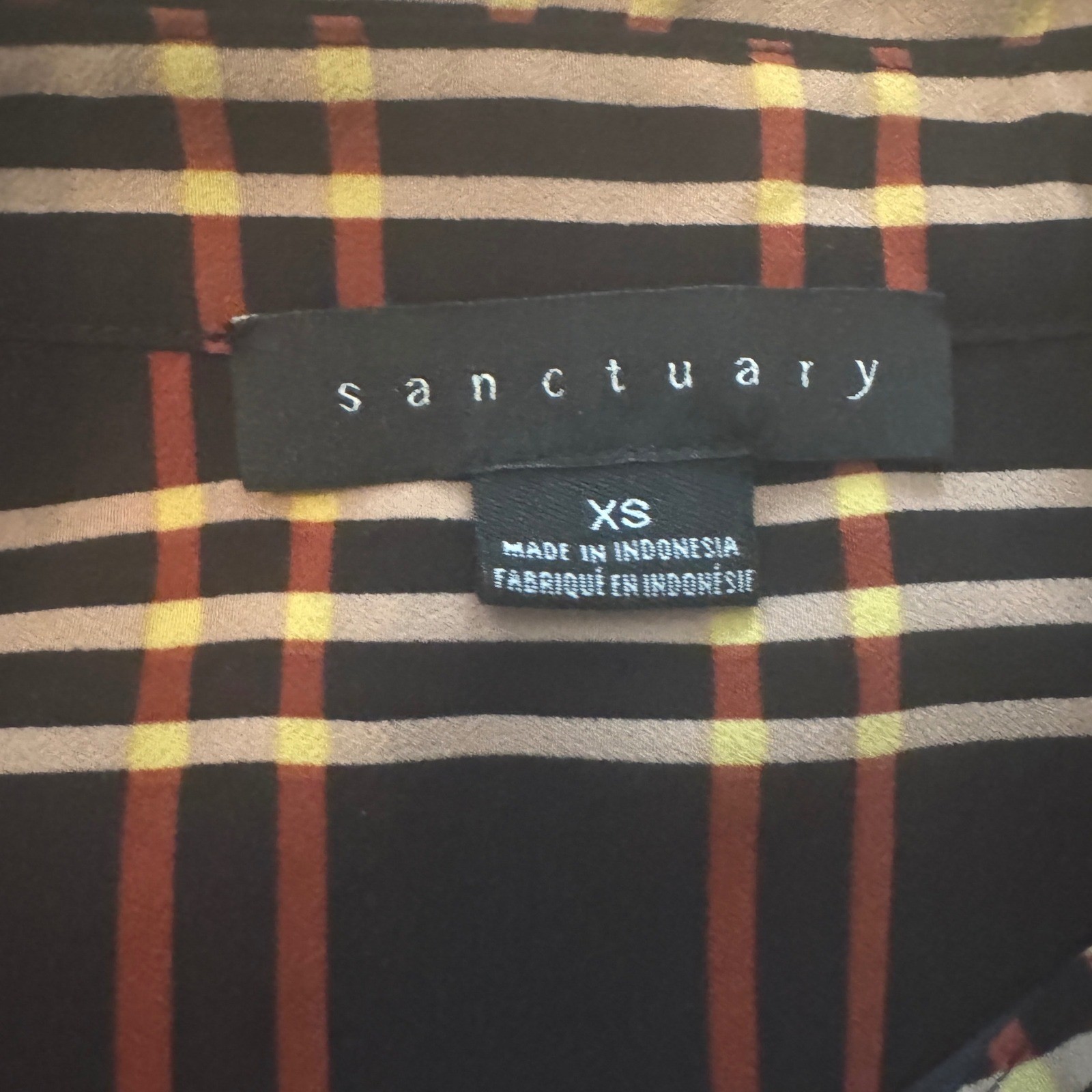 Sanctuary Plaid Button Down Shirt XS Black Burnt Orange Tan