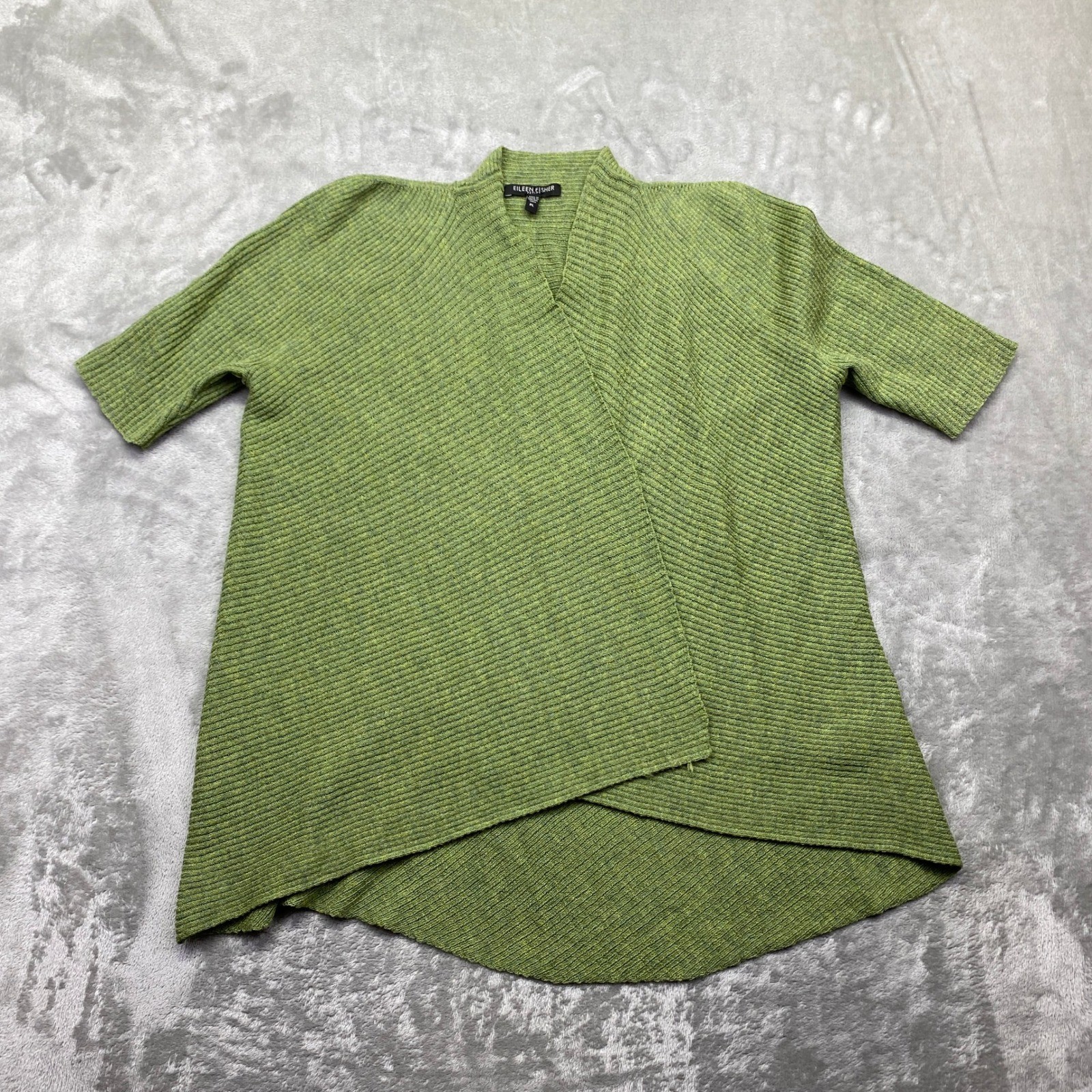 Eileen Fisher Wool Drape Half Sleeve Ribbed Cardigan Cactus Green Sweater PL