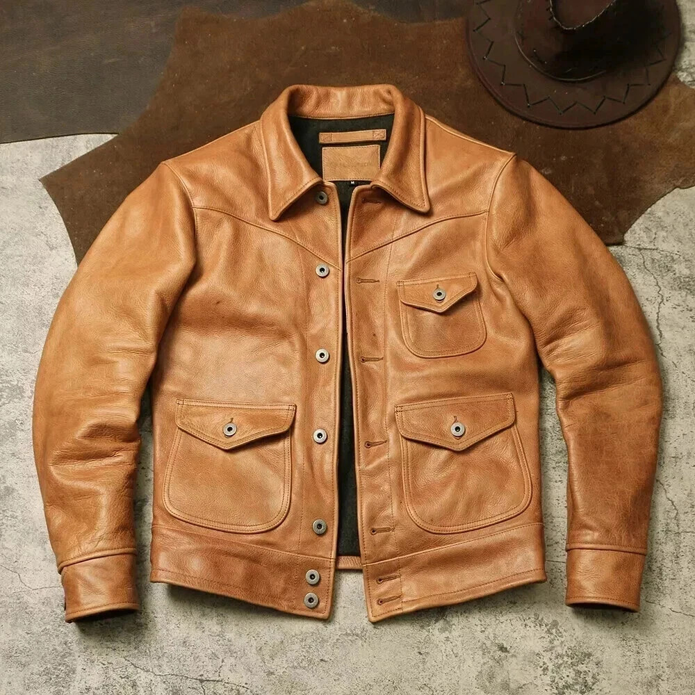 Men’s Tan Leather Jacket Button-Up Classic Design Retro Trucker Biker Style Coat
