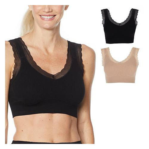 Rhonda Shear 2pk”Forever Stretch”Ahh Ribbed Knit Bra w/LaceTrim 764-481 ,Size 1X