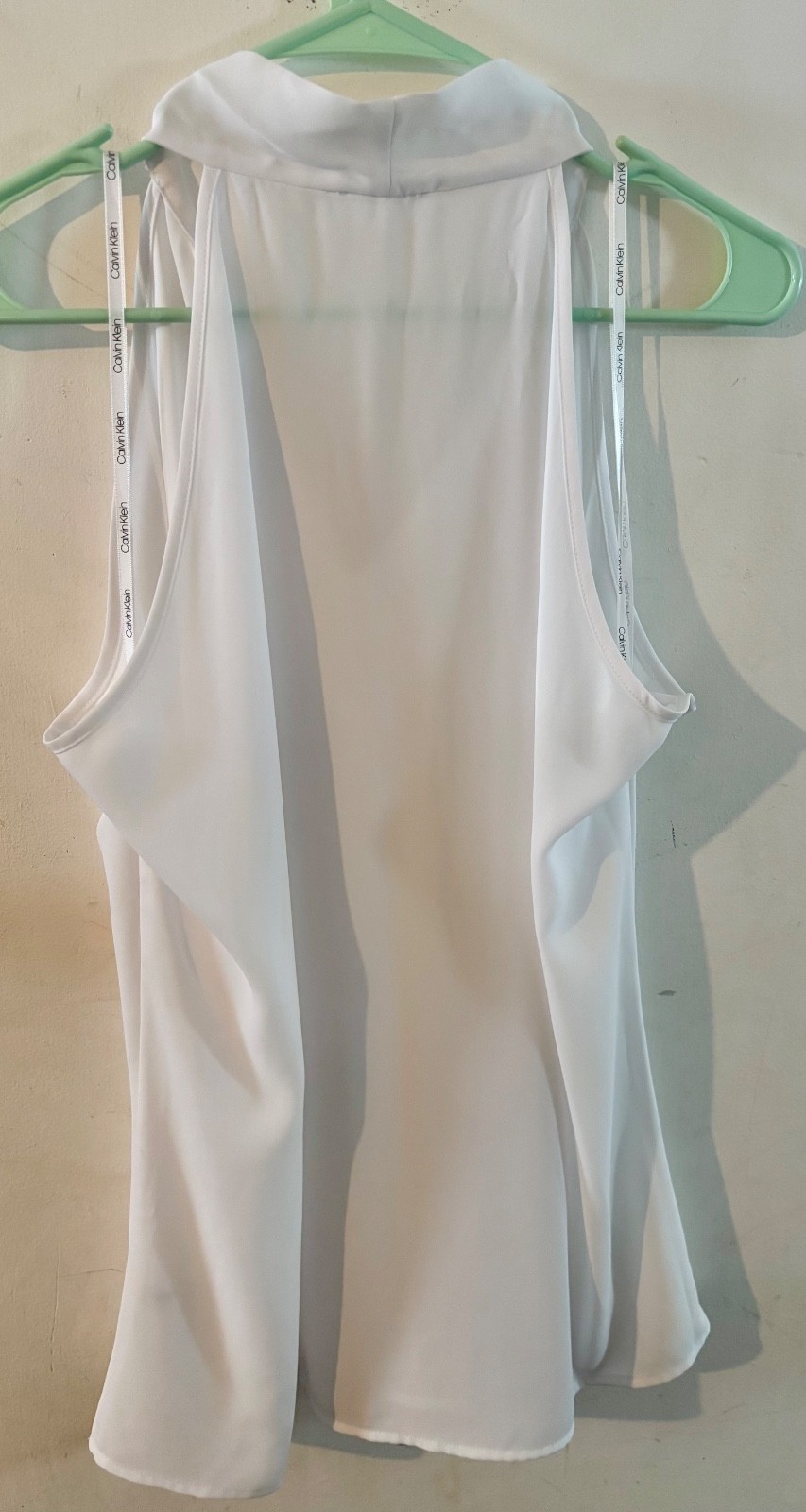 Calvin Klein Womens Top Large White Blouse Halter Tie Neck V Neck Sheer NWOT
