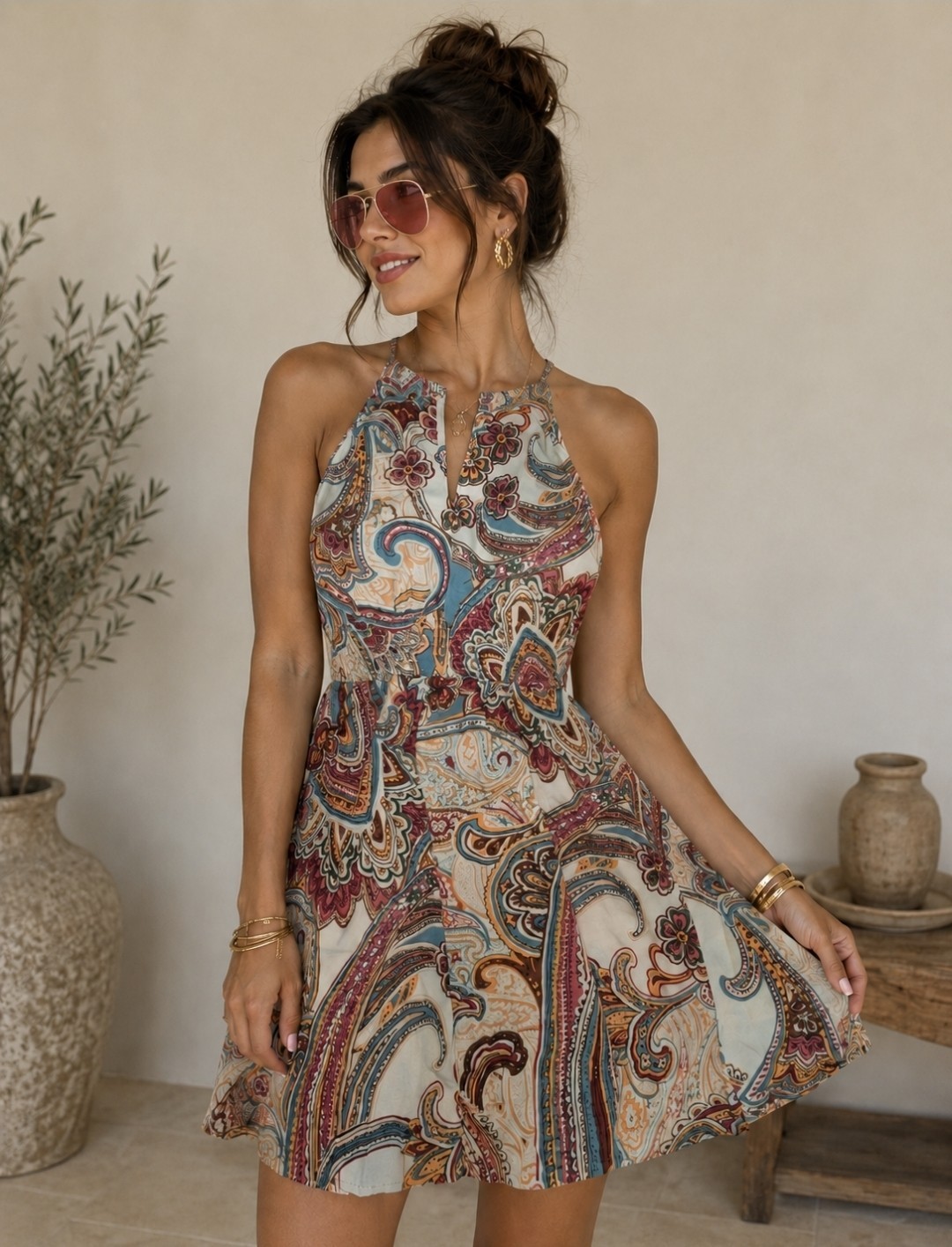 Women’s Multicolor Paisley Halter Sleeveless Fit & Flare Mini Dress S