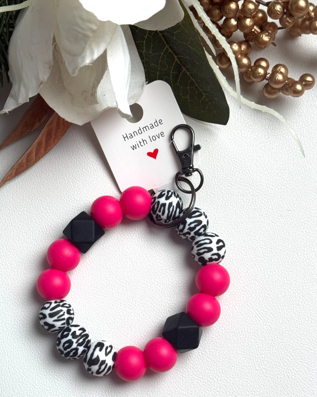 Silicone Beaded Keychain Wristlet Bracelet Hot Pink Leopard
