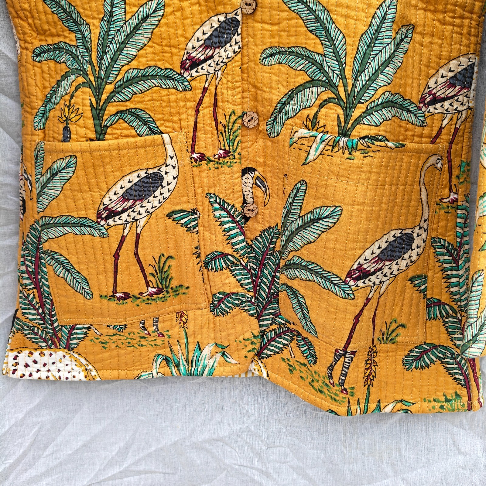 Block Print Cotton Coat, Mustard Yellow Safari Jungle Print Kantha Jacket,