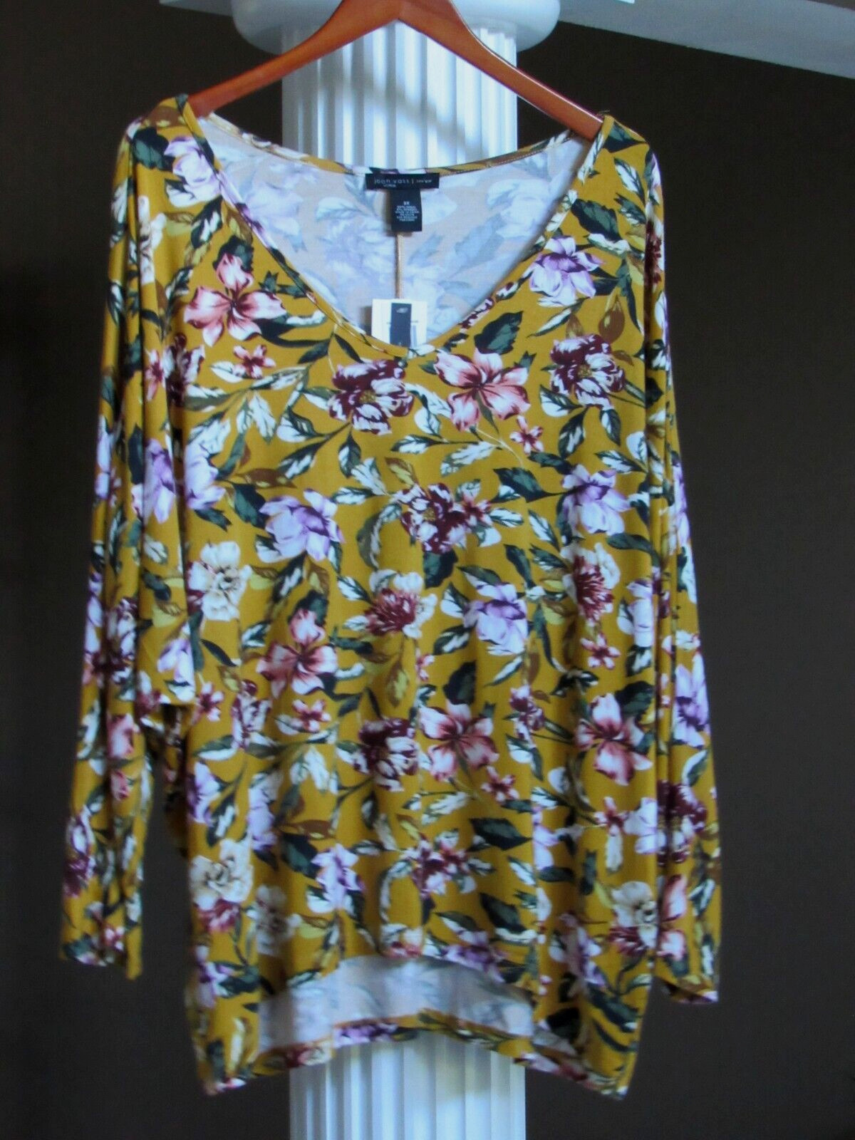 JOAN VASS Mustard Multi Floral Print V-Neck Long Sleeve Top Shirt 3X NWT $58