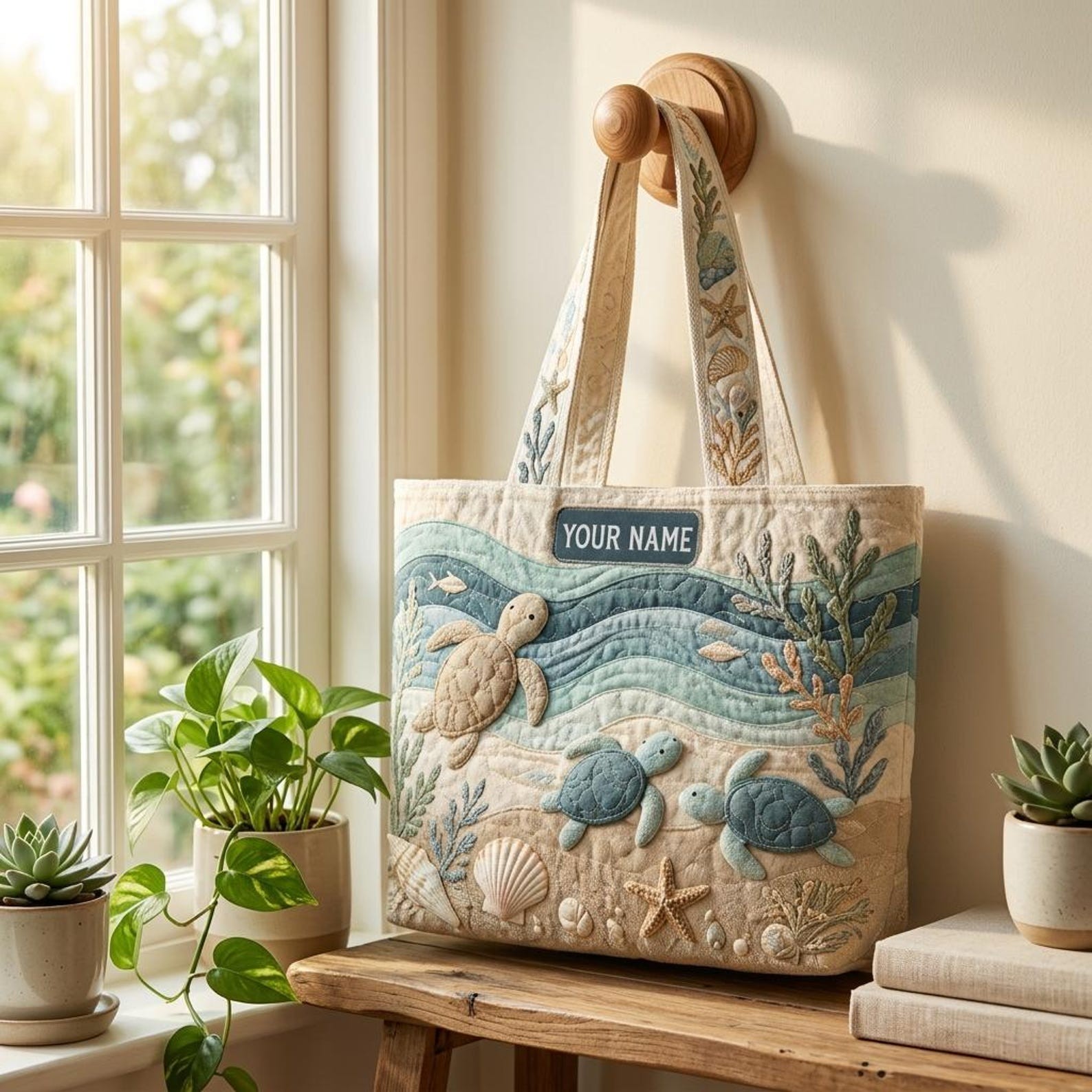 Custom Name Quilted Sea Turtle Tote Bag, Personalized Turtle Beach Handbag, Turt