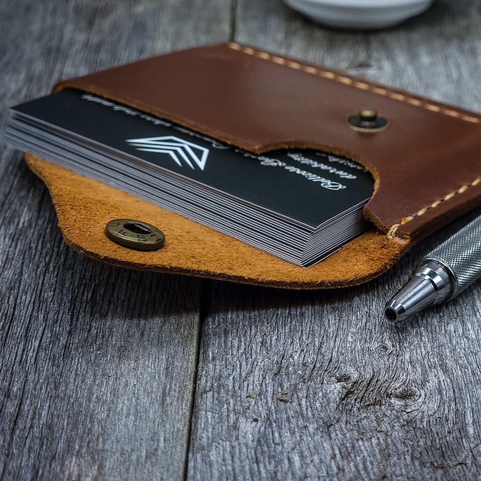 Leather Business Card Holder, Front Pocket Leather Card Holder, Holds 20 Cards