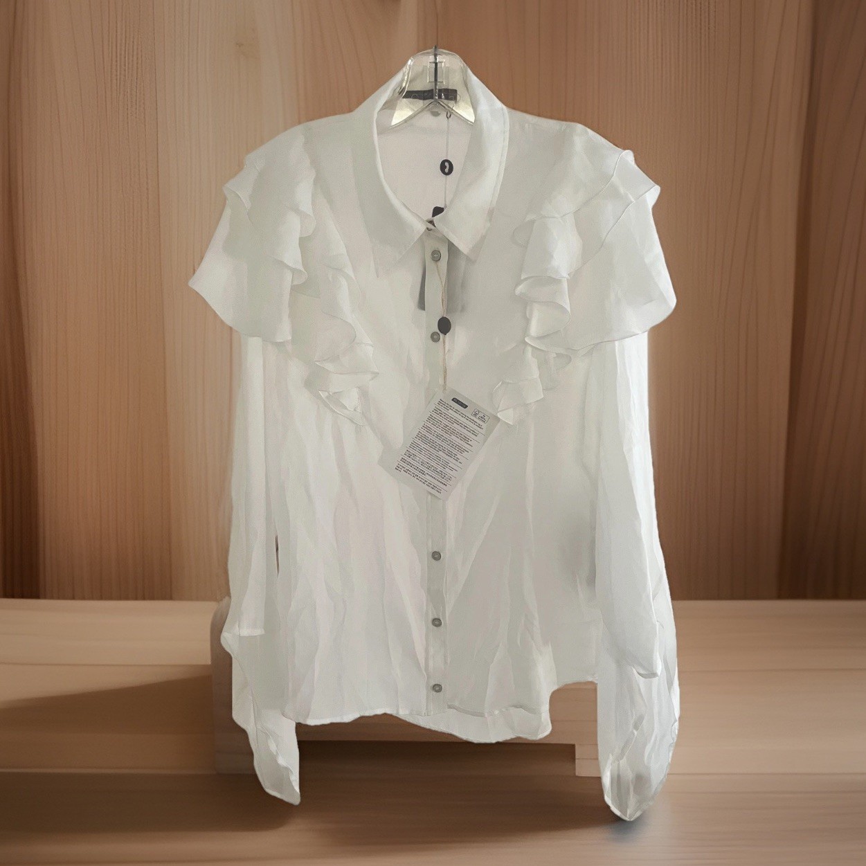 NWT Italy HIGH Tech/Use by Claire Campbell Ruffle Blouse Top White Sheer US 12