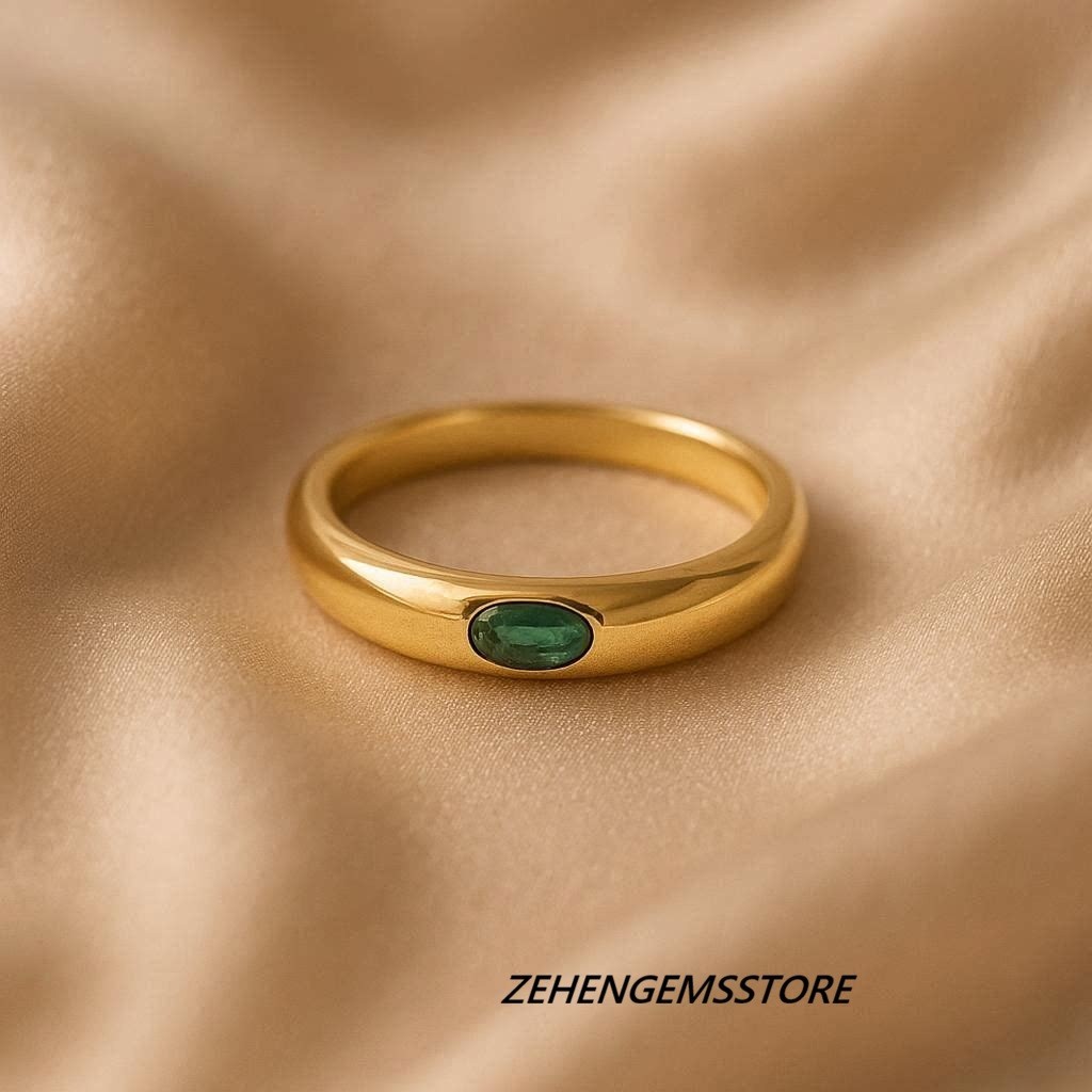 Lab Created Emerald Ring 925 Sterling Silver Gold Plated Oval Band Ring