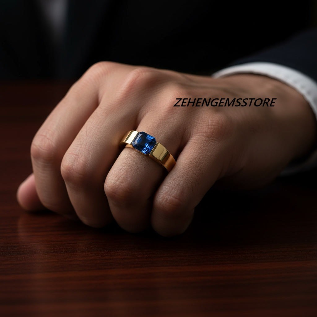 Lab created Men’s Blue Sapphire Signet Ring 925 Sterling Silver Gold Plated Ring