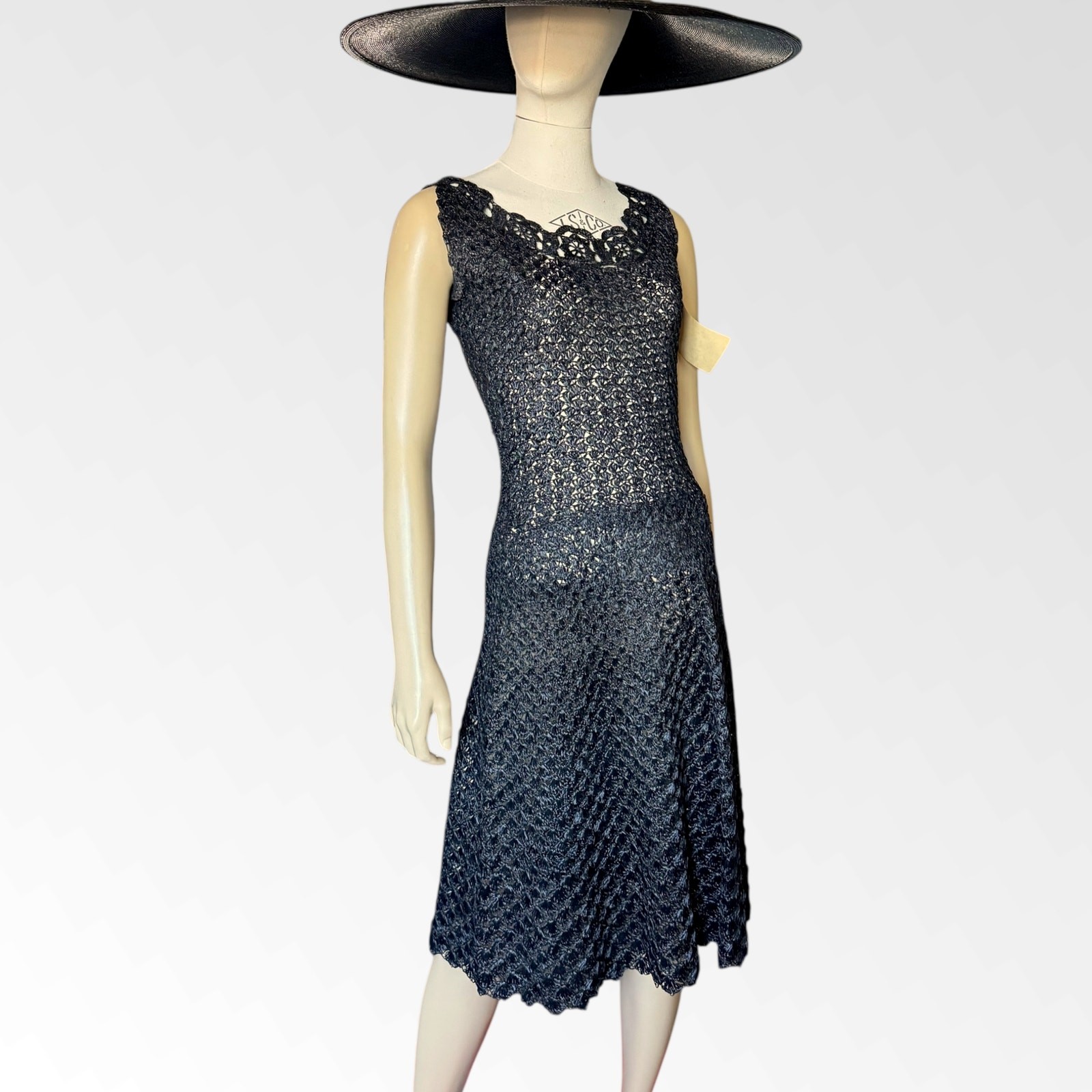 Vintage Sheer 1950s Raffia Hand Crochet Black Ribbon Cocktail Dress Whimsy Goth