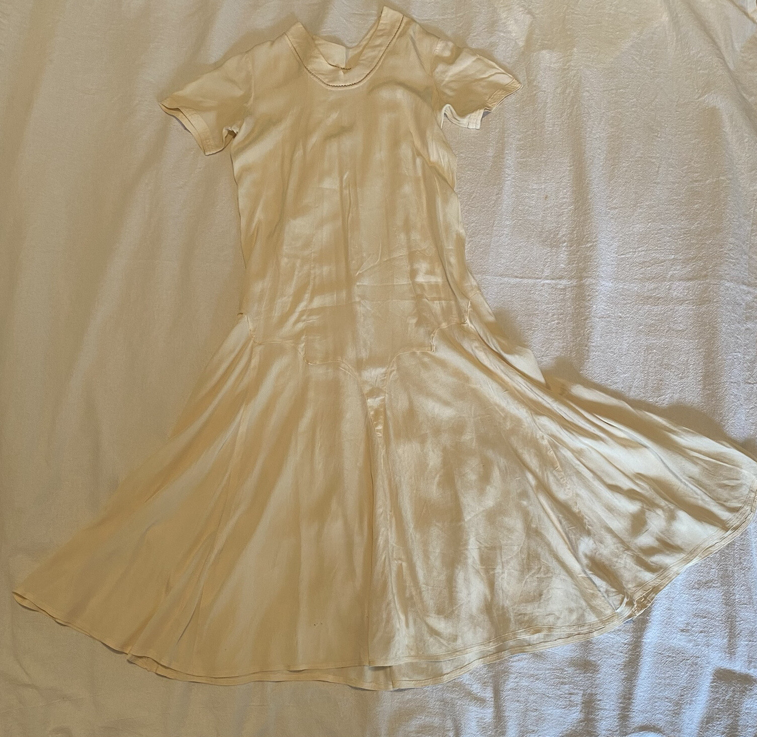 Original Vintage 20s 30s Sz S FRENCH SILK Dress Ivory Cowl Neck Sleeve Bias Cut