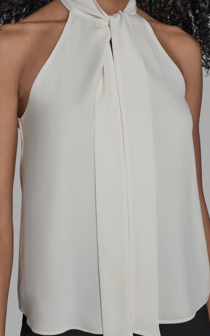 Calvin Klein Womens Top Large White Blouse Halter Tie Neck V Neck Sheer NWOT