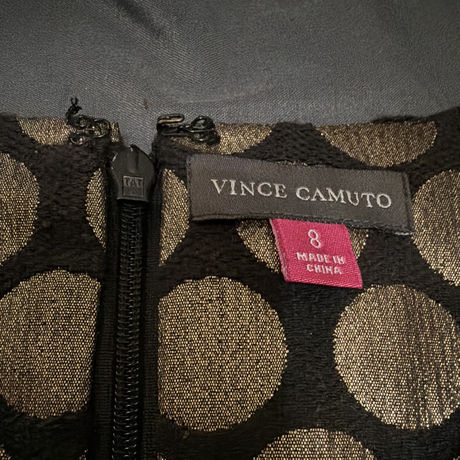 Vince Camuto Black/Gold Polka Dot Fit & Flare Knee Dress Sleeveless Zip 8