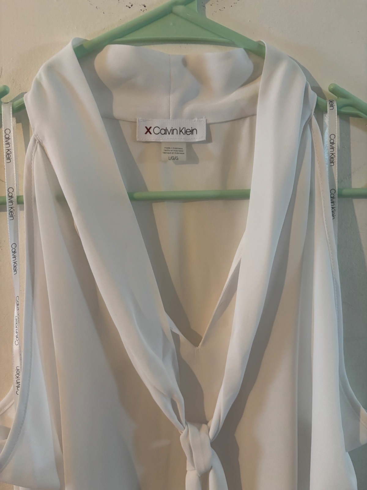 Calvin Klein Womens Top Large White Blouse Halter Tie Neck V Neck Sheer NWOT