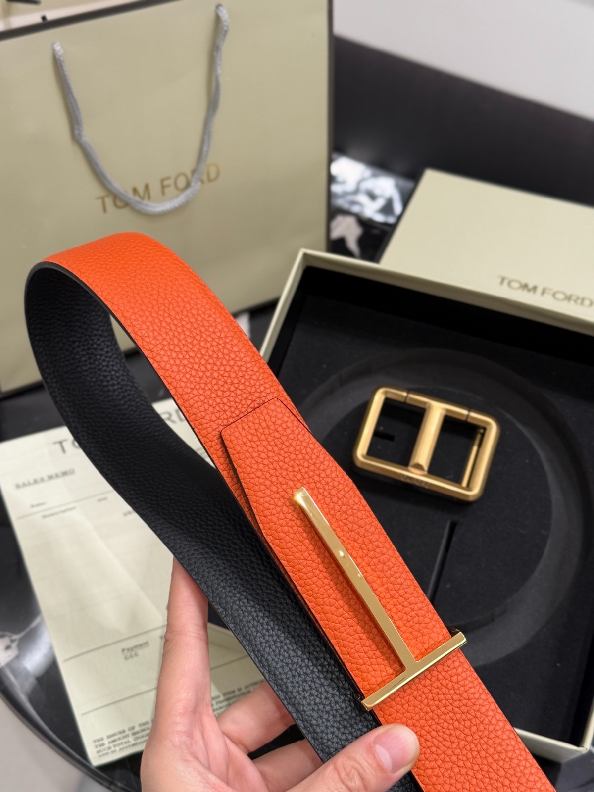 Tom Ford Mens T Logo Orange/Black Leather Dress Belt S.S. Buckle