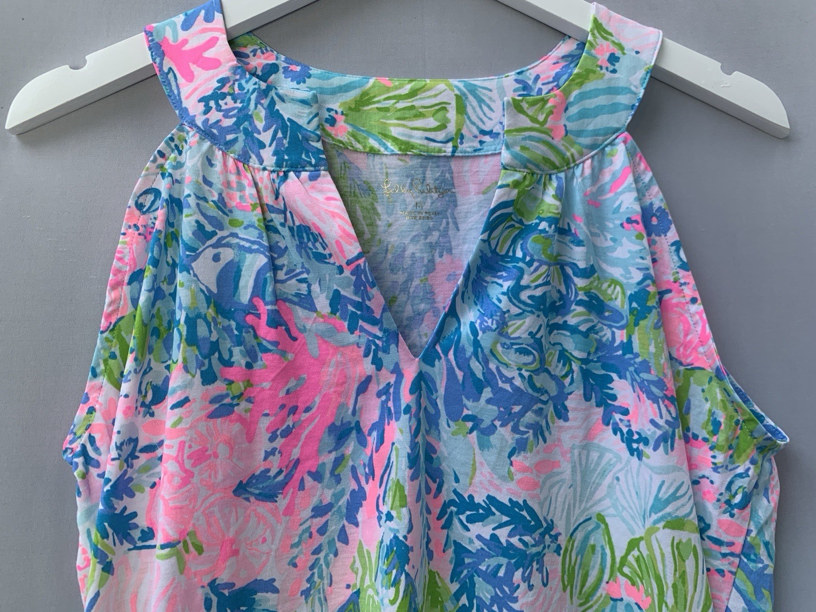 Lilly Pulitzer Dress Large Blue Pink Coral Ross Shift Fished My Wish Sleeveless