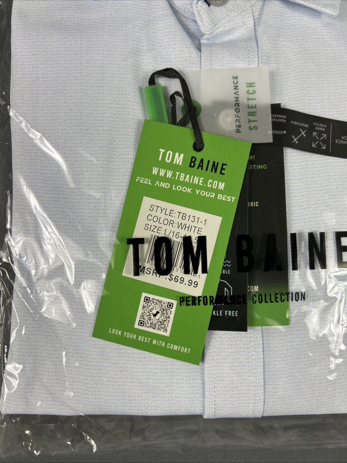 Tom Baine Dress Shirt Slim Performance Large 16-16.5 White Polyester MSRP $70