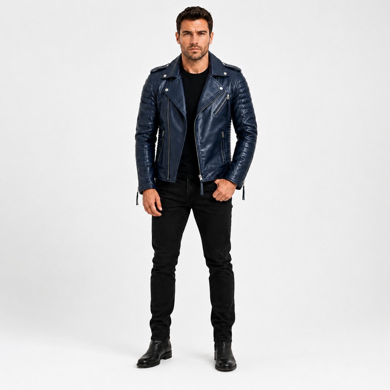 Men’s Navy Blue Real Lambskin Leather Biker Jacket Quilted Moto Motorcycle