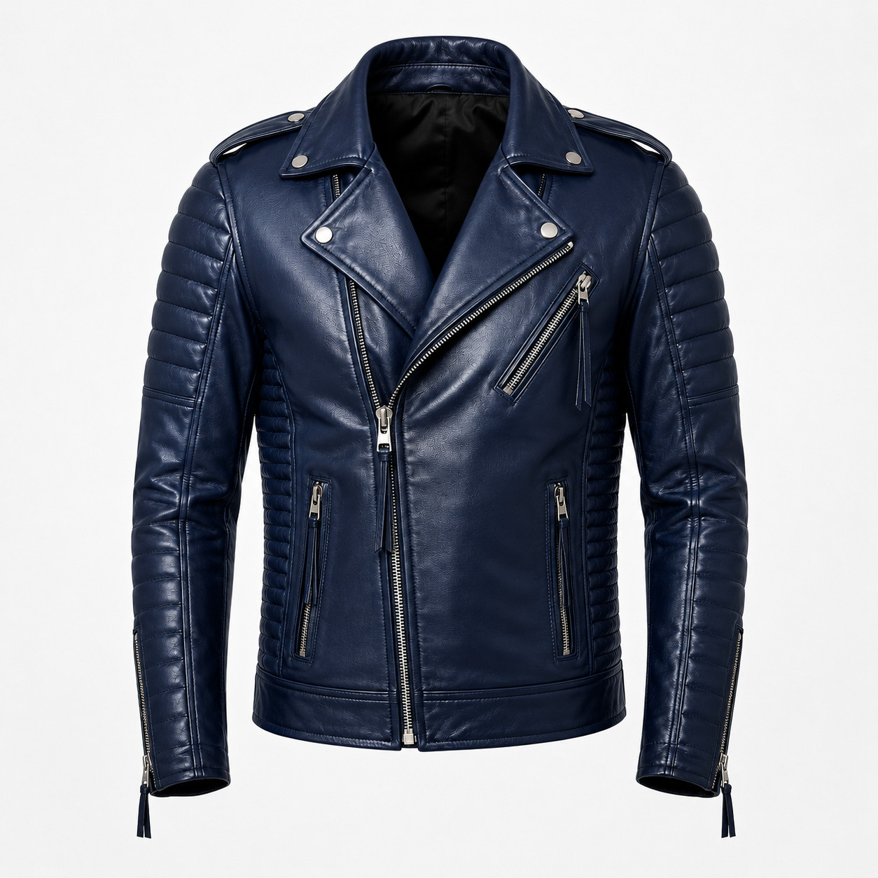 Men’s Navy Blue Real Lambskin Leather Biker Jacket Quilted Moto Motorcycle