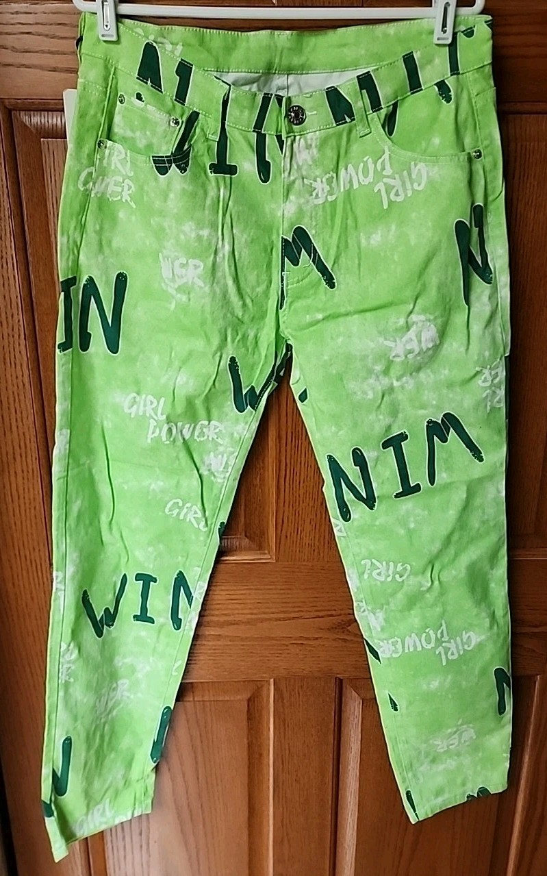 Mens Sz 36 Green Pants Letter Printed Win Girl Power Straight Leg Casual