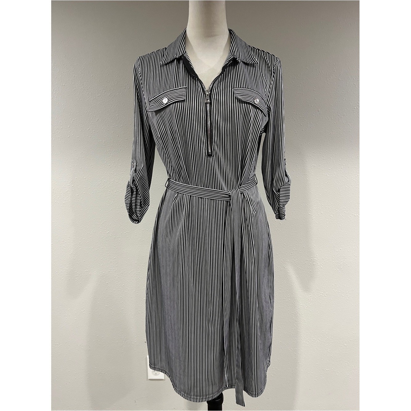 Striped Black & White Shirt Dress with Tie Belt size large