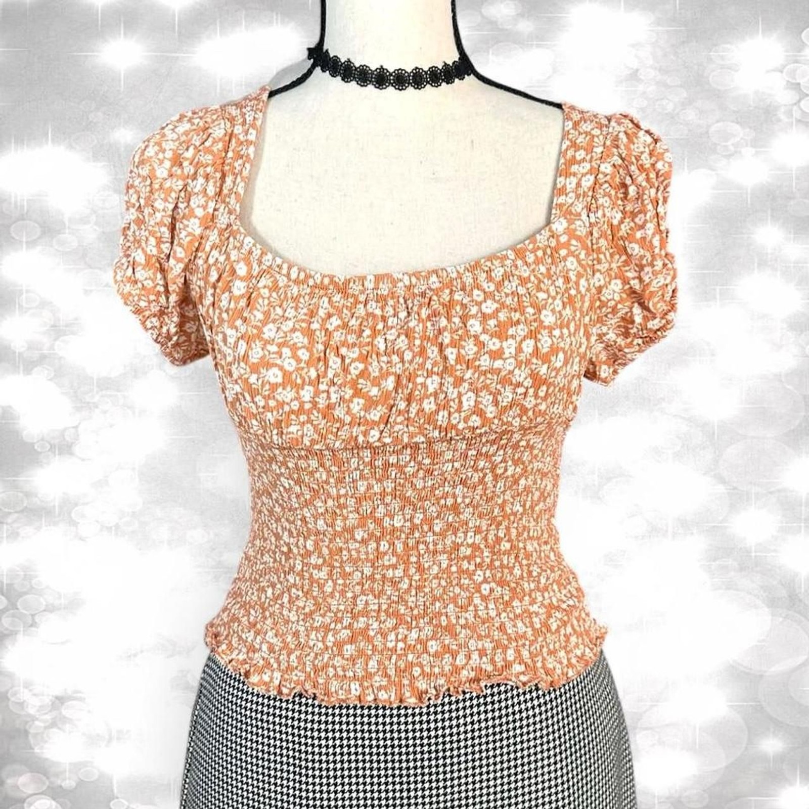Coquette Sunset Burnt Orange Floral Babydoll Puff Sleeve Blouse