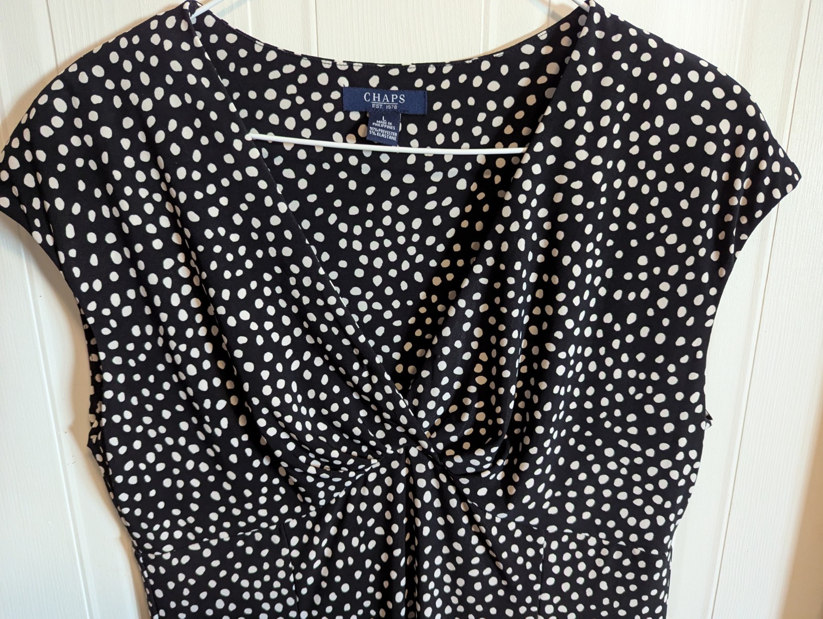 Chaps Polka Dot A-Line Dress Black White Knit Cap Sleeve Knee Length EUC Size L