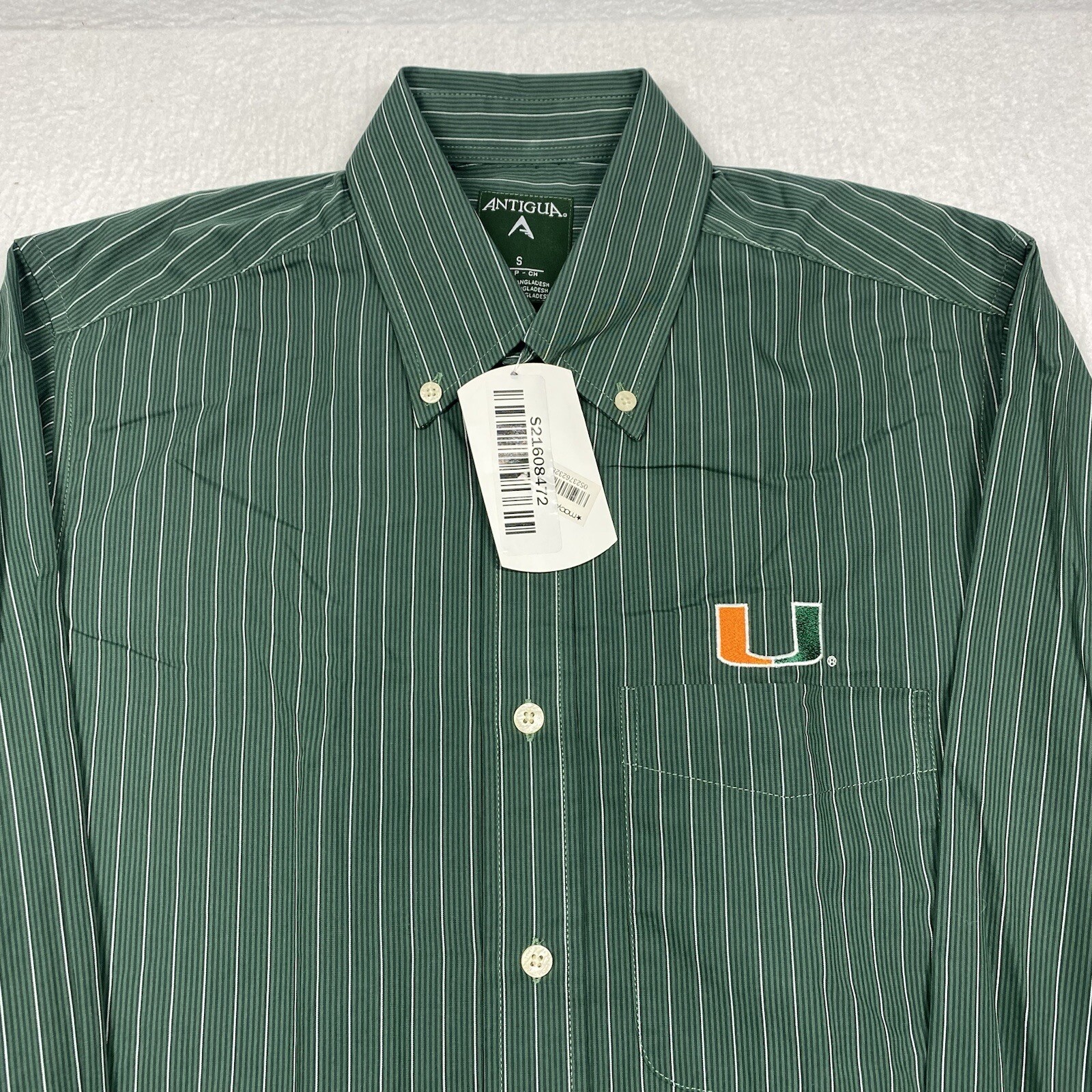 Antigua UM University Miami Shirt Mens Small Green Striped Button Down L/S